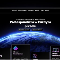E-profesjonalista - Strona internetowa firmy e-profesjonalista z hasłem 'Profesjonalizm w każdym pikselu' na tle grafiki przedstawiającej Ziemię z kosmosu, z sekcjami dotyczącymi marketingu online, stron internetowych...