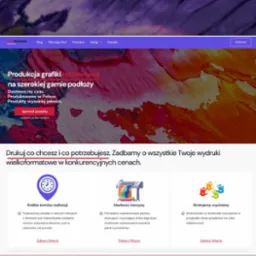 Strona internetowa firmy drukarskiej z hasłem 'Produkcja grafiki reklamowej na szerokiej gamie podłoży' i informacjami o krótkich terminach realizacji oraz markowych maszynach.