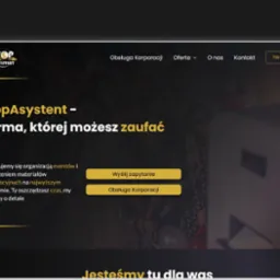 Strona internetowa firmy TopAsystent z tekstem 'Firma, której możesz zaufać' i przyciskami 'Wyślij zapytanie' oraz 'Obsługa Korporacji' na ciemnym tle z rozmytym wizerunkiem ludzi.