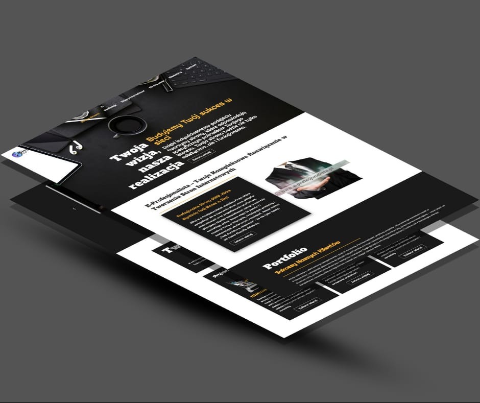 Wizualizacja 3D responsywnej strony internetowej z elementami czerni i bieli, prezentująca portfolio i ofertę firmy E-Profesjonalista, z widocznym adresem strony www.e-profesjonalista.pl.