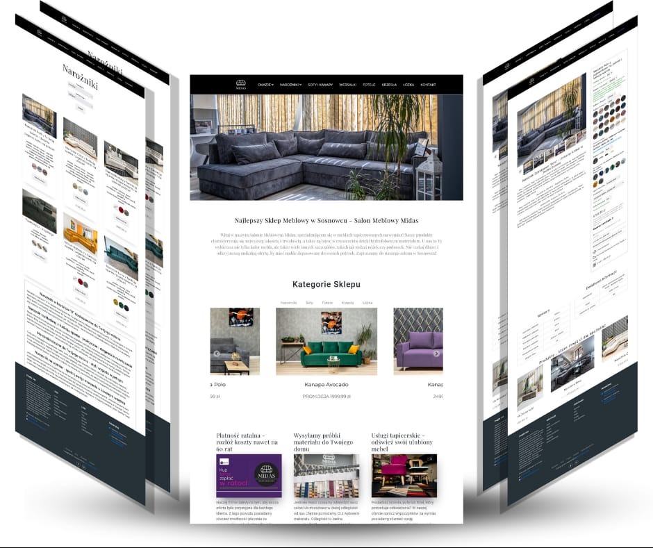Prezentacja responsywnego sklepu internetowego z meblami, ukazująca widok na różnych urządzeniach i pod różnymi kątami, z wyraźnym naciskiem na kategorię narożników, kanap i foteli.