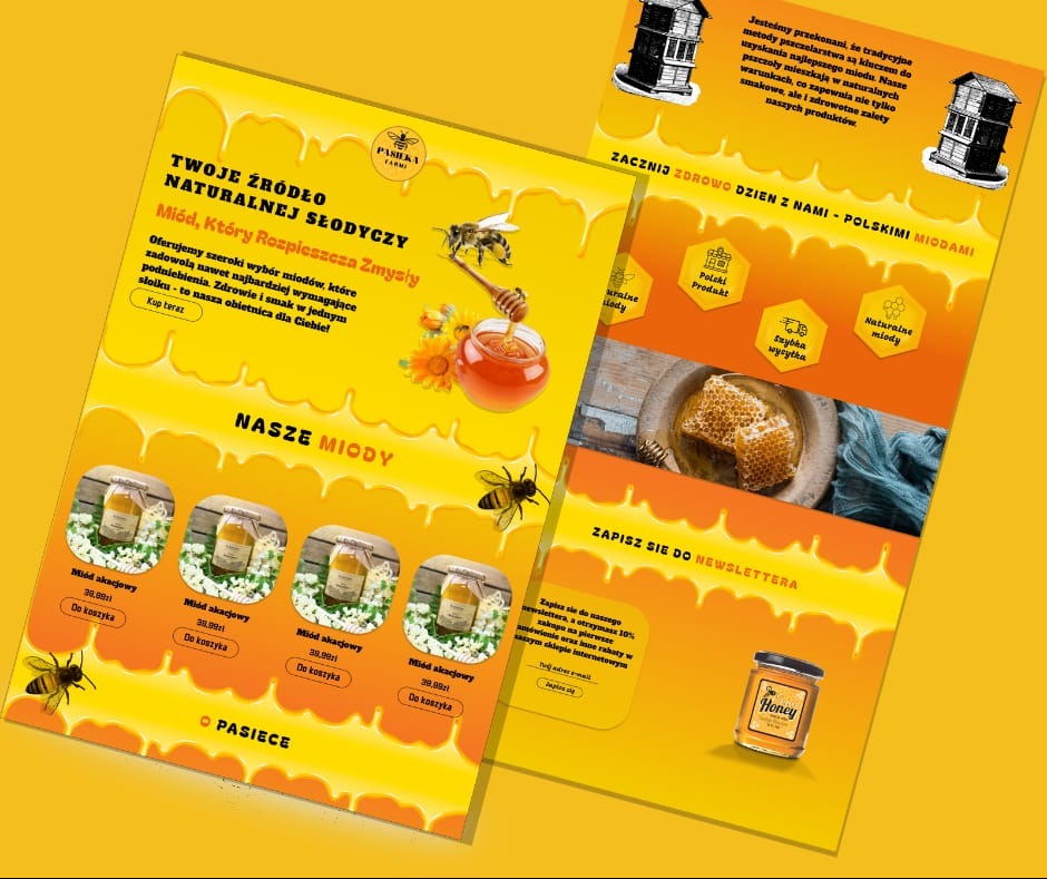 Żółta ulotka reklamowa pasieki z ofertą miodów akacjowych, informacjami o tradycyjnych metodach pszczelarstwa i zaproszeniem do zapisania się do newslettera, z ilustracjami plastrów miodu i pszczół.