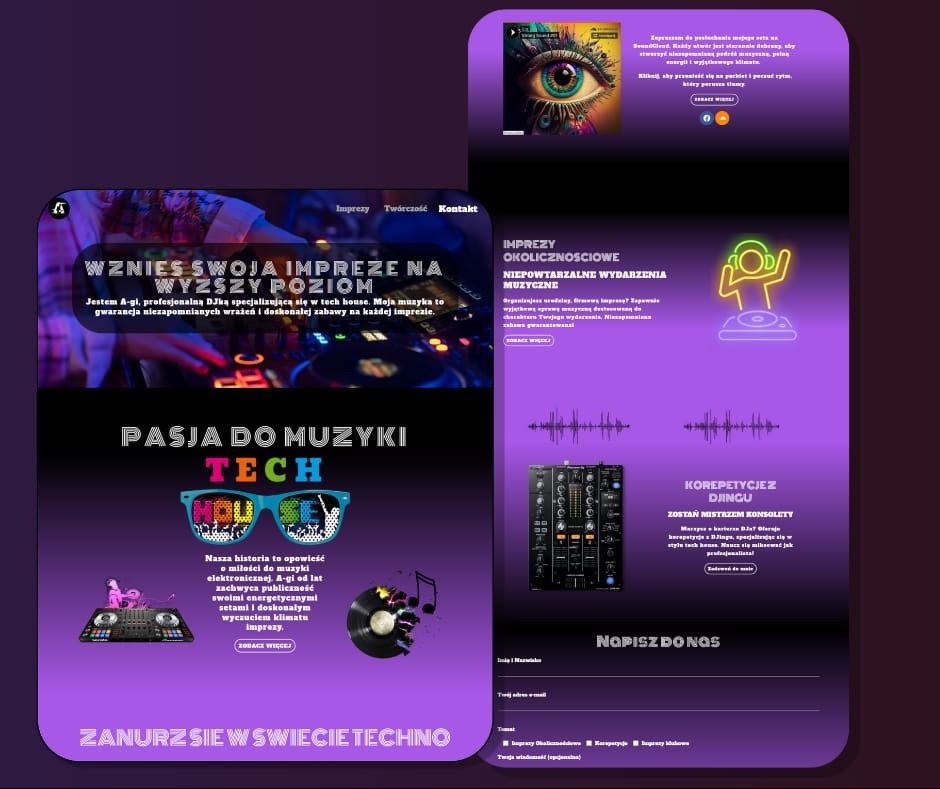 Projekt strony internetowej dla DJ-a, z motywami muzyki elektronicznej, neonowymi elementami graficznymi i sekcją kontaktową.