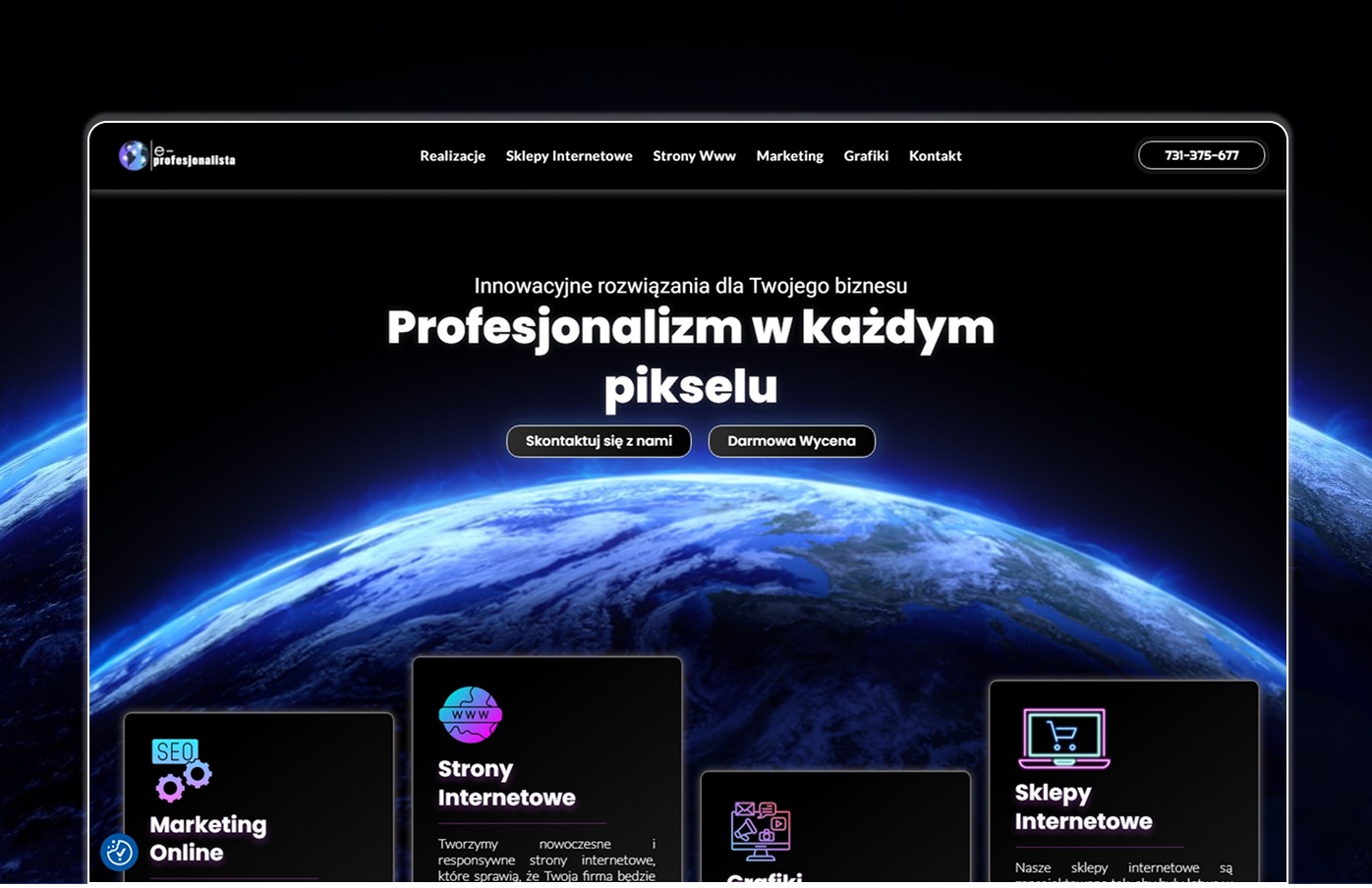 Strona internetowa firmy e-profesjonalista z hasłem 'Profesjonalizm w każdym pikselu' na tle grafiki przedstawiającej Ziemię z kosmosu, z sekcjami dotyczącymi marketingu online, stron internetowych...