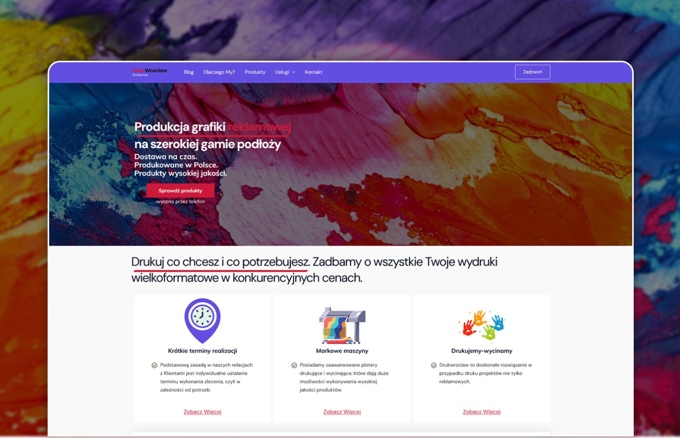 Strona internetowa firmy drukarskiej z hasłem 'Produkcja grafiki reklamowej na szerokiej gamie podłoży' i informacjami o krótkich terminach realizacji oraz markowych maszynach.
