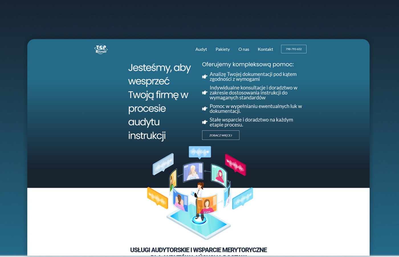 Projekt strony internetowej z motywem usług audytorskich i wsparcia merytorycznego, prezentujący konsultacje online z wirtualnymi awatarami.