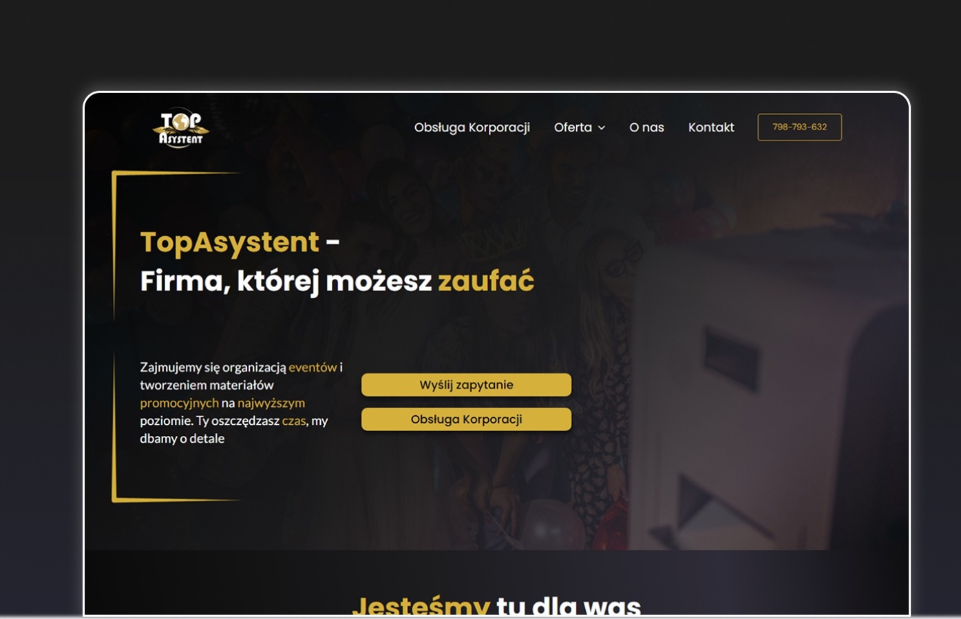 Strona internetowa firmy TopAsystent z tekstem 'Firma, której możesz zaufać' i przyciskami 'Wyślij zapytanie' oraz 'Obsługa Korporacji' na ciemnym tle z rozmytym wizerunkiem ludzi.