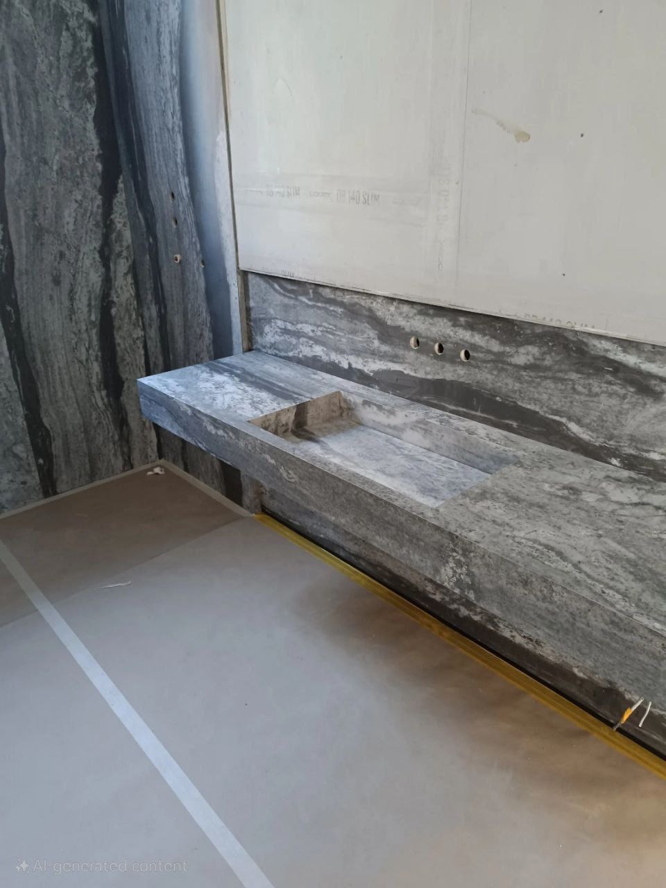 Montaż kamiennego blatu z wbudowaną umywalką; widoczne otwory w ścianie, surowy stan wykończenia, szara kolorystyka.