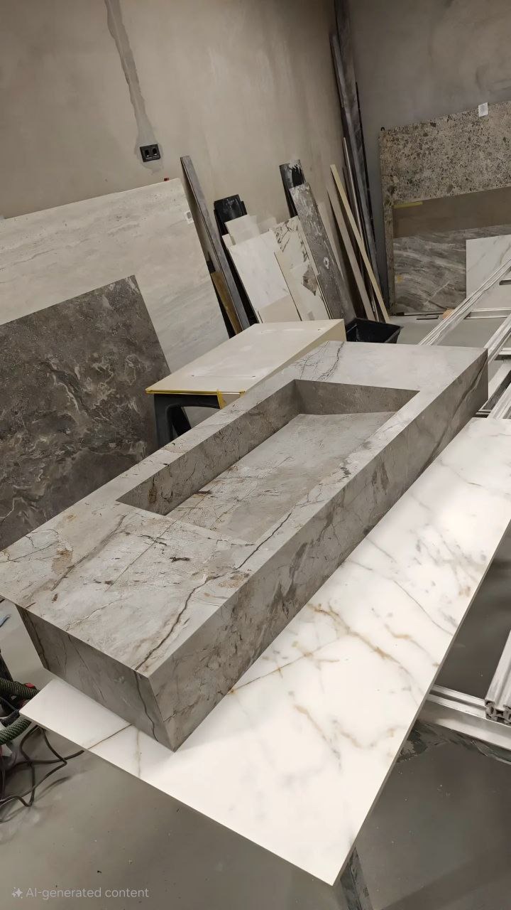 Szary blat z otworem na zlew, imitujący marmur, leżący na białej płycie, w tle inne płyty kamienne i akcesoria warsztatowe.