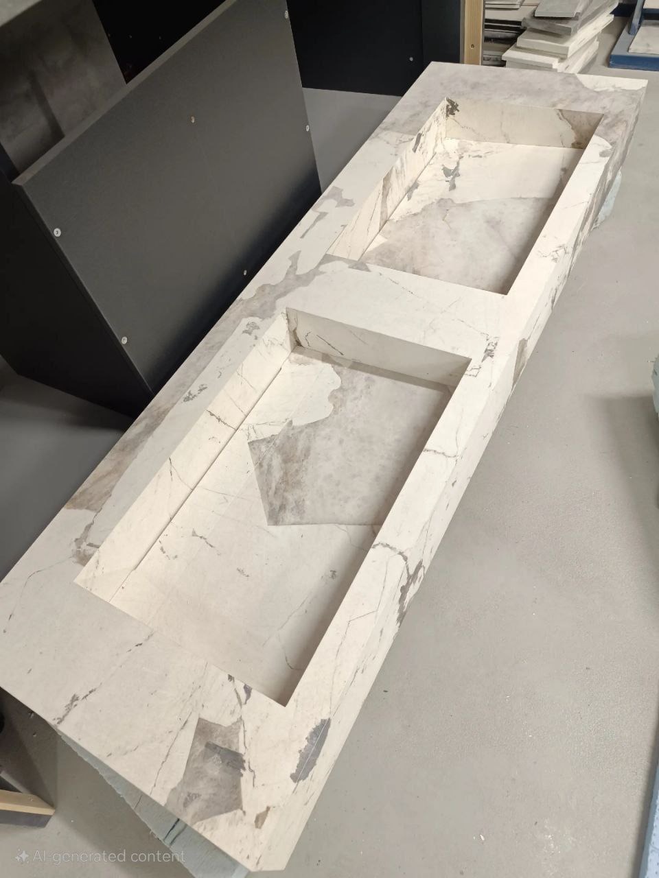 Niedokończony blat z jasnego marmuru z wycięciami na dwie umywalki, widoczny fragment szafki w tle.