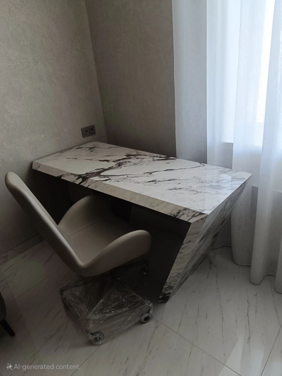 Nowoczesne biurko z blatem imitującym marmur, z ukośną podstawą, krzesło biurowe z tworzywa sztucznego w folii ochronnej, jasne wnętrze.