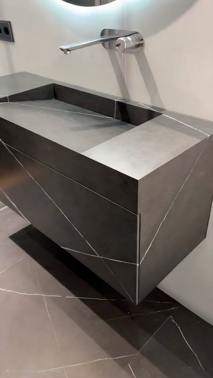 Nowoczesna, wisząca szafka łazienkowa z umywalką z ciemnego konglomeratu z białymi żyłami, bateria ścienna w minimalistycznym stylu, oświetlenie LED w tle, dopasowana podłoga z konglomeratu.