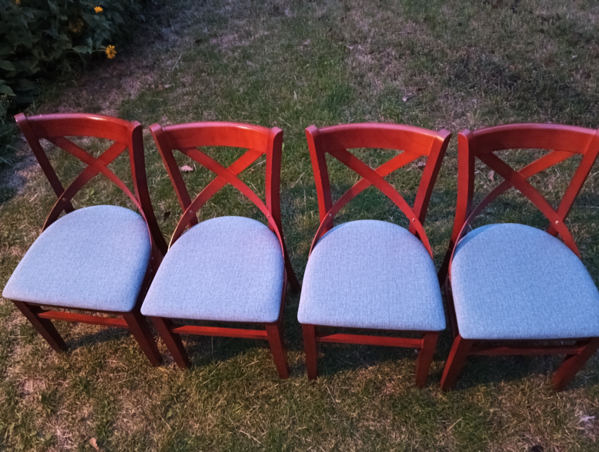 Rząd czterech krzeseł z czerwonego drewna i szarymi tapicerowanymi siedziskami, ustawionych na trawie. Krzesła mają oparcia w kształcie litery X.