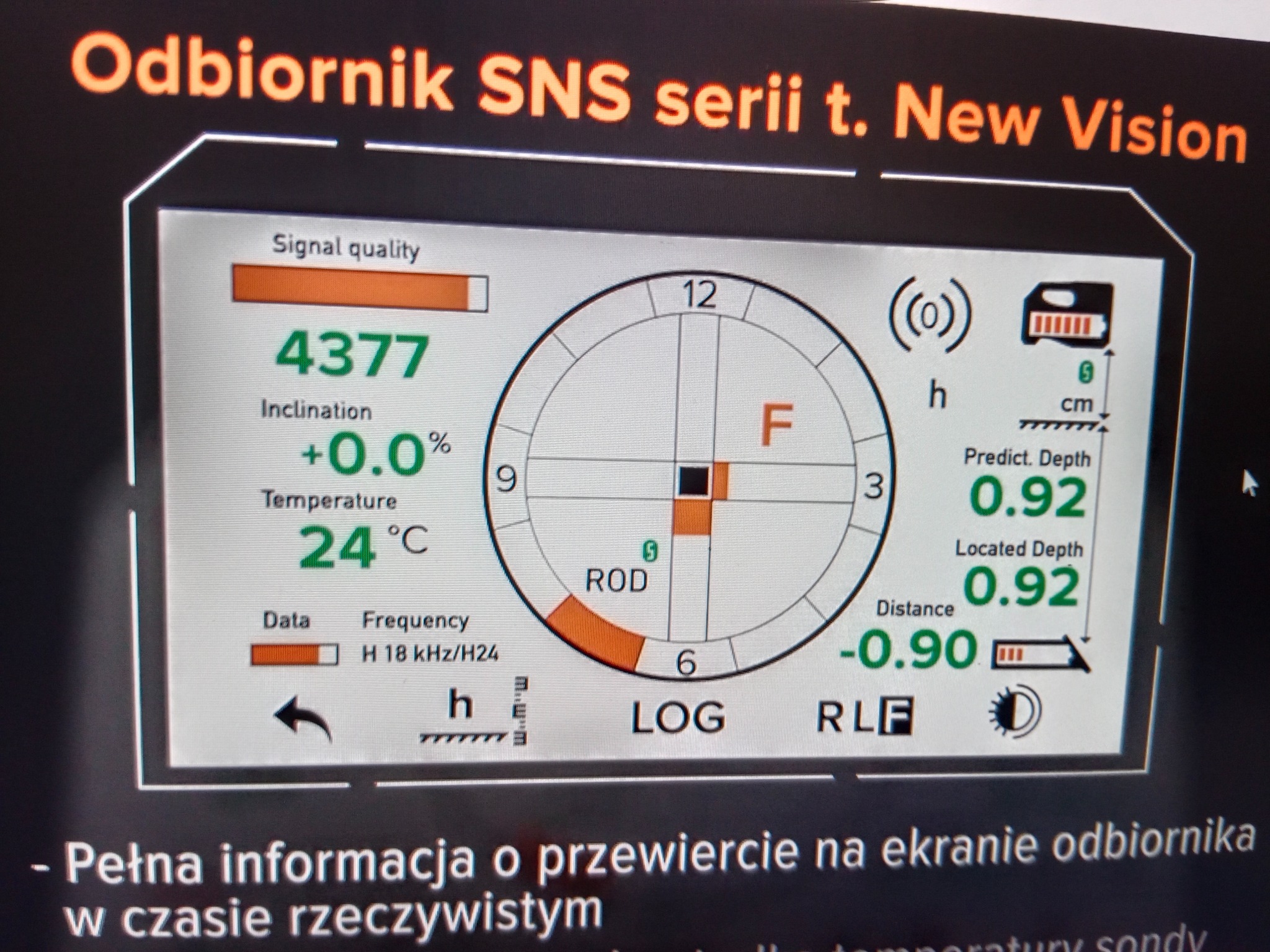 Ekran odbiornika SNS serii t. New Vision prezentujący dane w czasie rzeczywistym z przewiertu, w tym jakość sygnału, inklinację, temperaturę i głębokość w Limanowej.