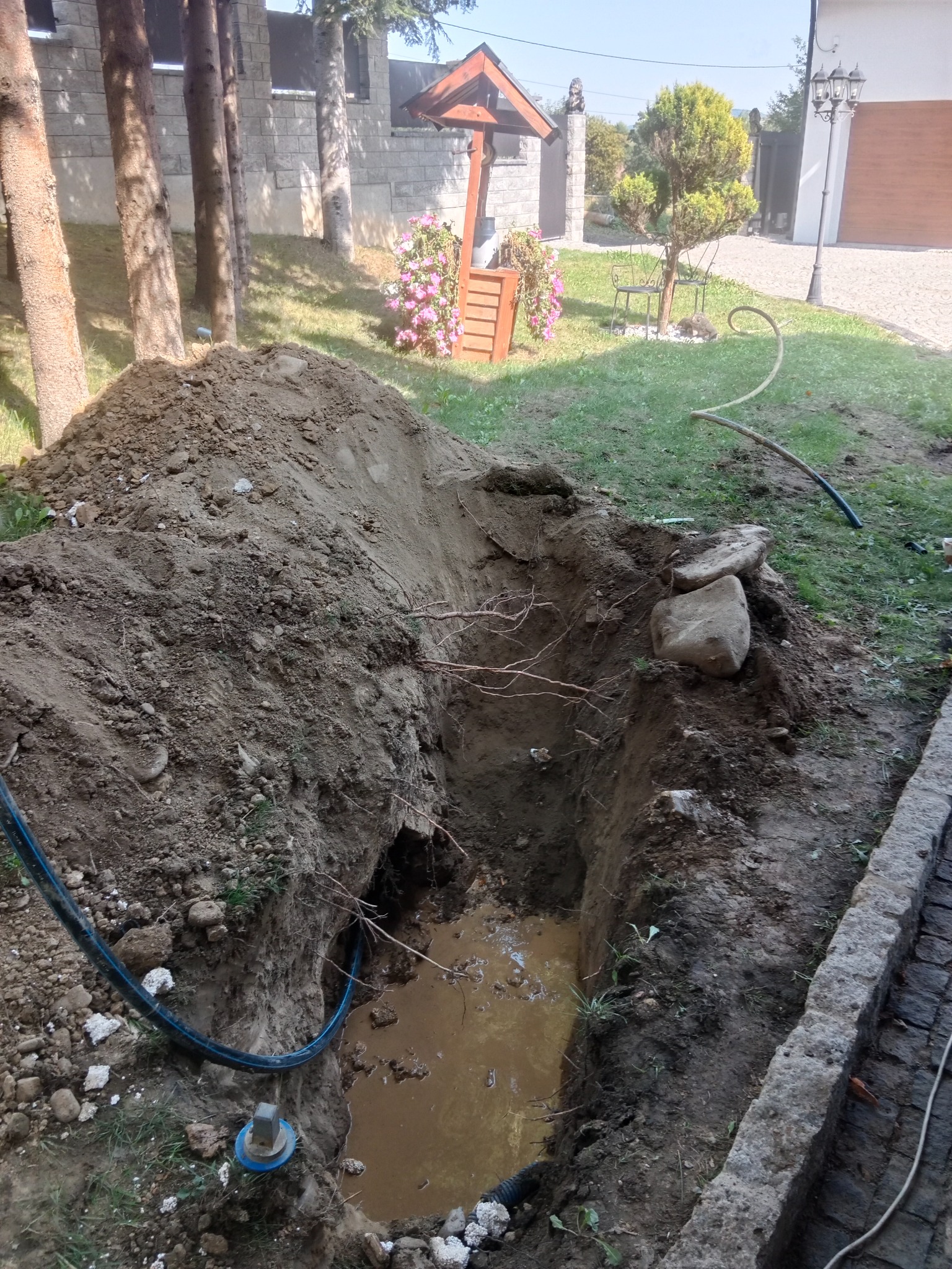 Wykop w ziemi z widoczną wodą i wystającymi korzeniami, obok leży sterta ziemi. W tle elementy ogrodu: drzewa, krzewy i budynek.