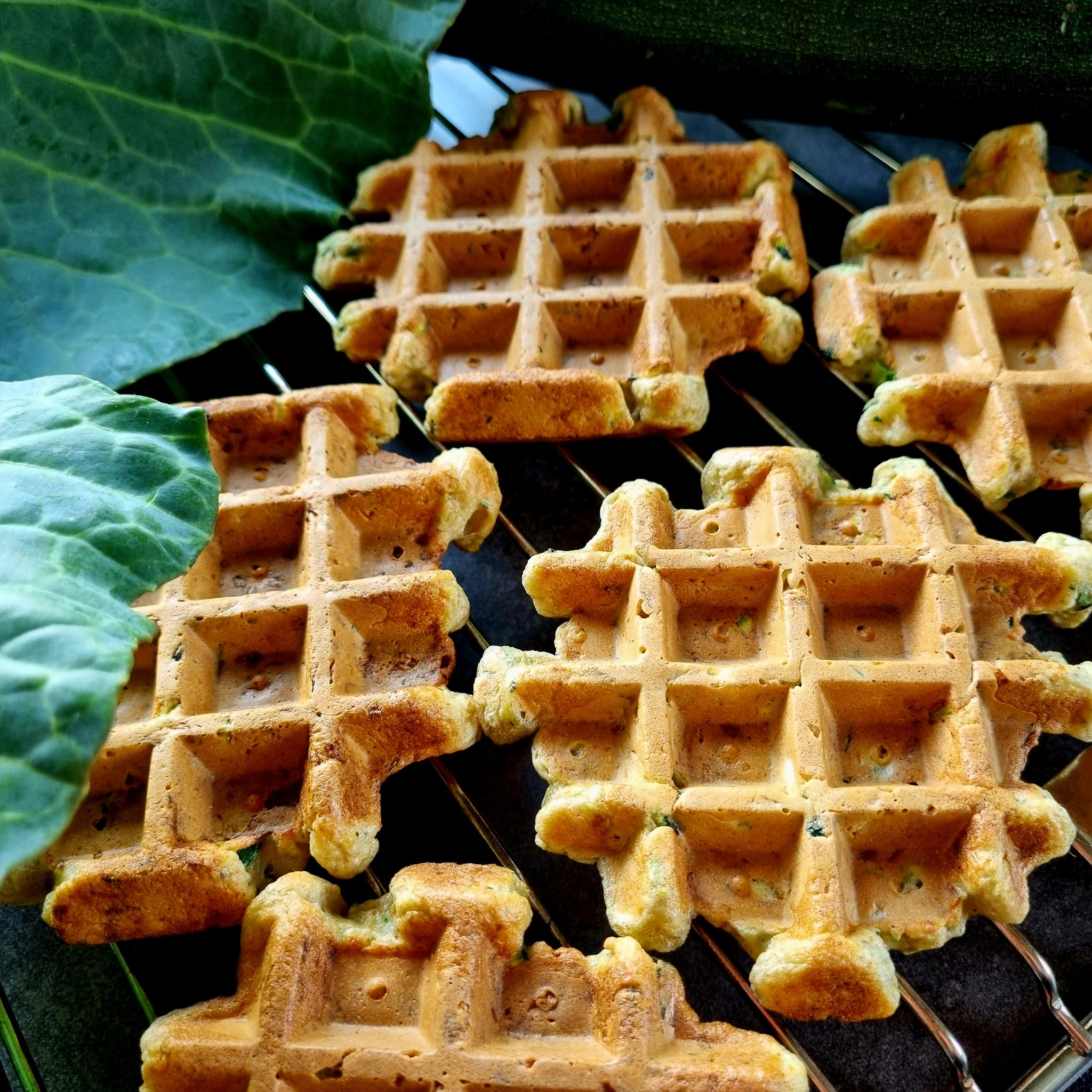 Domowe gofry z dodatkiem zielonych warzyw, ułożone na metalowej kratce, z liściem kapusty w tle.