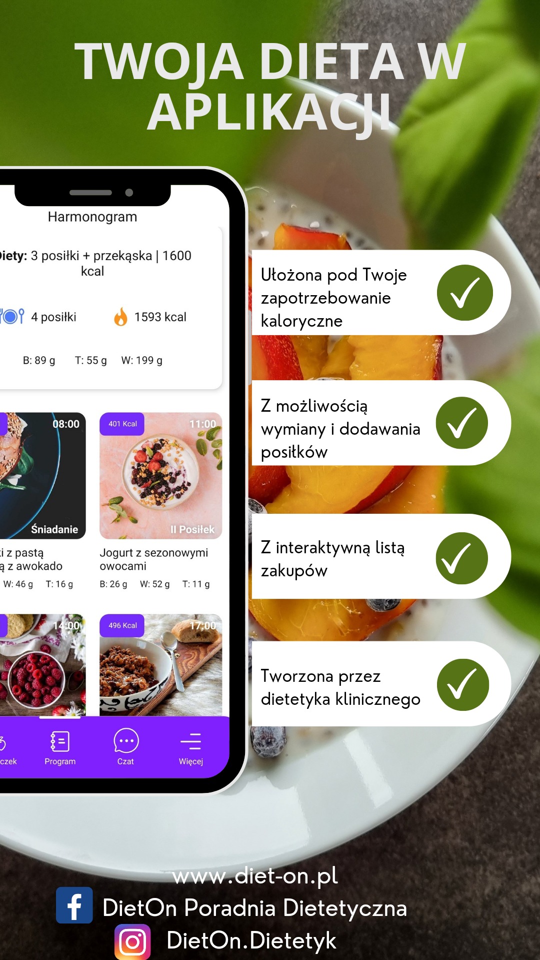 Aplikacja mobilna z harmonogramem diety, pokazująca propozycje posiłków, wartości kaloryczne i makroelementy, z informacjami o personalizacji, wymianie posiłków i interaktywnej liście zakupów,...