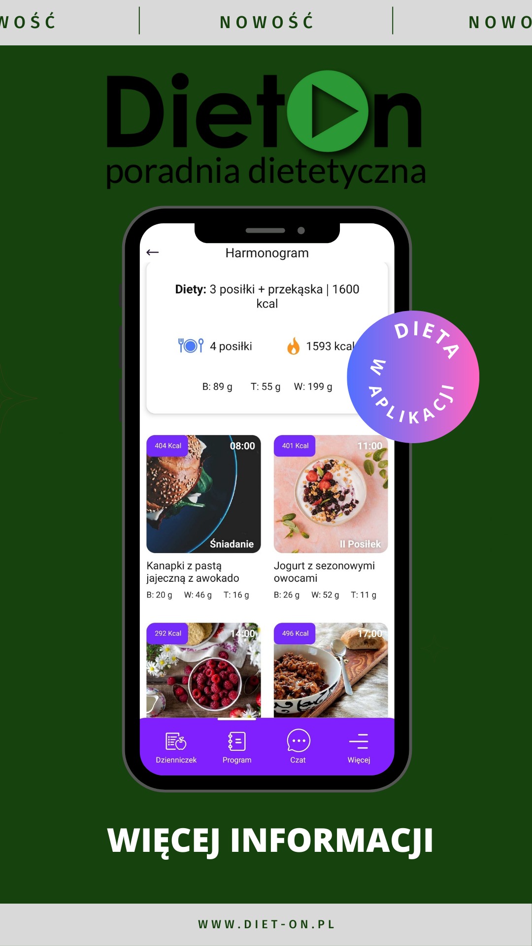 Aplikacja mobilna poradni dietetycznej Dieton prezentująca harmonogram diety z trzema posiłkami i przekąską, uwzględniająca kaloryczność i makroelementy posiłków, z widokiem śniadania, drugiego...