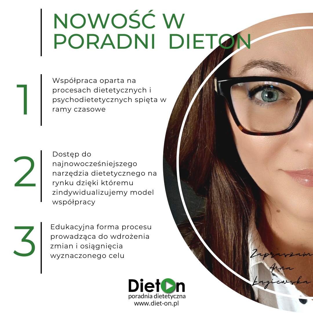 Reklama poradni dietetycznej Dieton z portretem dietetyczki w okularach, prezentująca trzy filary współpracy: procesy dietetyczne, nowoczesne narzędzia i edukację.