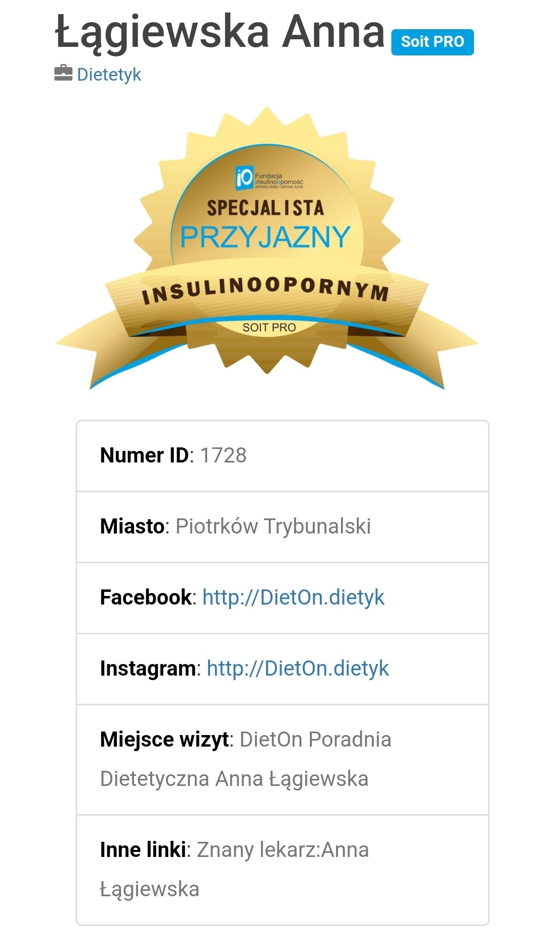 Profil specjalisty z certyfikatem 'Specjalista Przyjazny Insulinoopornym', zawierający dane kontaktowe: numer ID, miasto, linki do Facebooka i Instagrama oraz adres poradni.