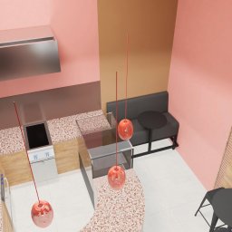 ANETA WIELGOSZ ARTENEUM PRACOWNIA ARCHITEKTONICZNA - Wnętrze lokalu gastronomicznego z różowymi ścianami, widok z góry. Charakterystyczne lampy w kształcie jabłek i logo 'Dumpling Man' nadają unikalny charakter.
