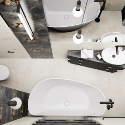 ANETA WIELGOSZ ARTENEUM PRACOWNIA ARCHITEKTONICZNA - Nowoczesna łazienka z wanną, umywalką na szafce z ciemnym blatem i marmurowymi akcentami. Widok z góry, minimalistyczny design z oświetleniem punktowym i liniowym.