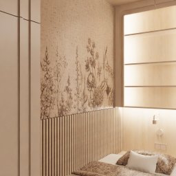 ANETA WIELGOSZ ARTENEUM PRACOWNIA ARCHITEKTONICZNA - Jasna sypialnia z tapetą w kwiaty i podświetlanymi półkami. Minimalistyczny design z drewnianymi akcentami i ciepłym oświetleniem.