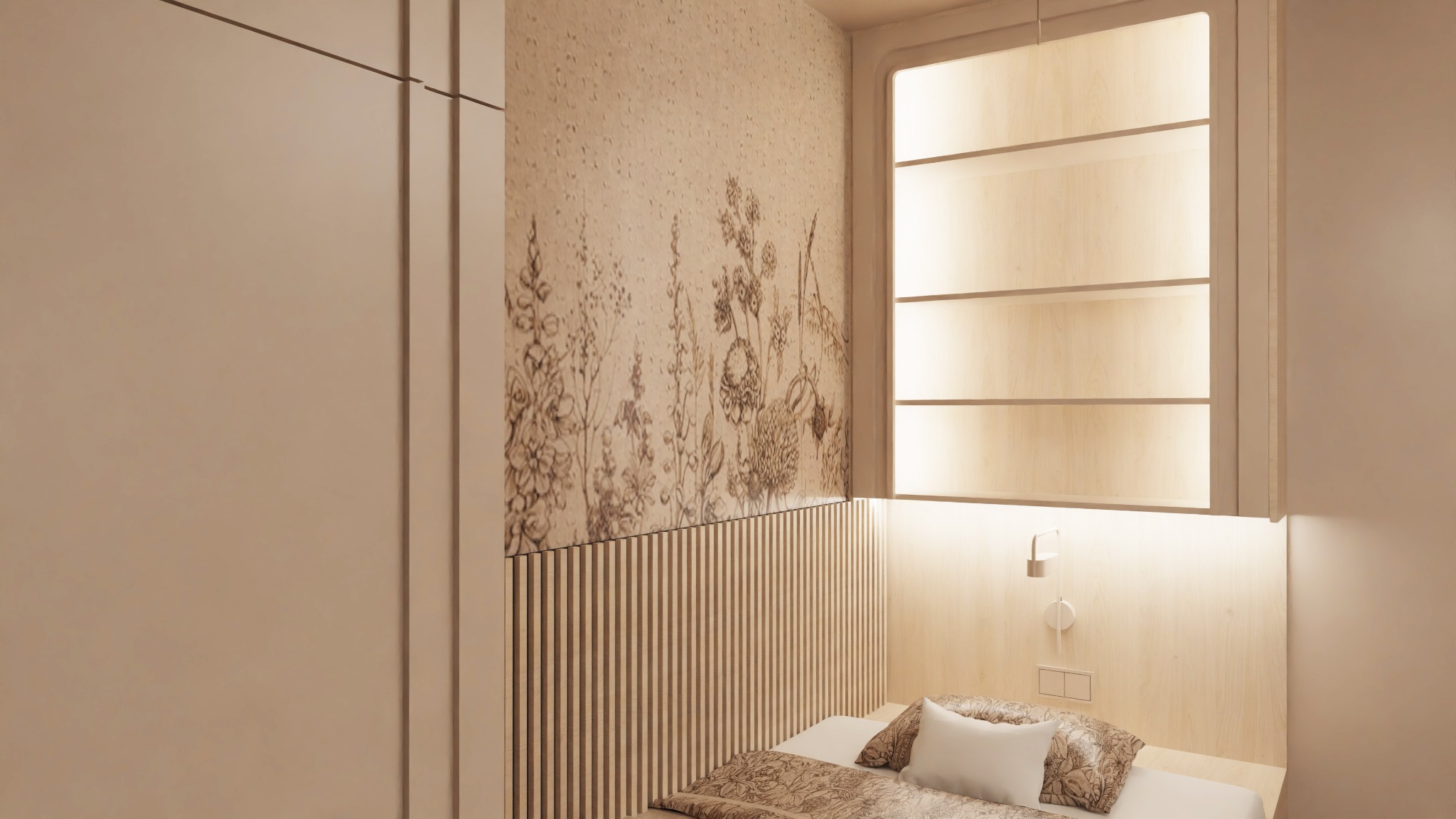 Jasna sypialnia z tapetą w kwiaty i podświetlanymi półkami. Minimalistyczny design z drewnianymi akcentami i ciepłym oświetleniem.