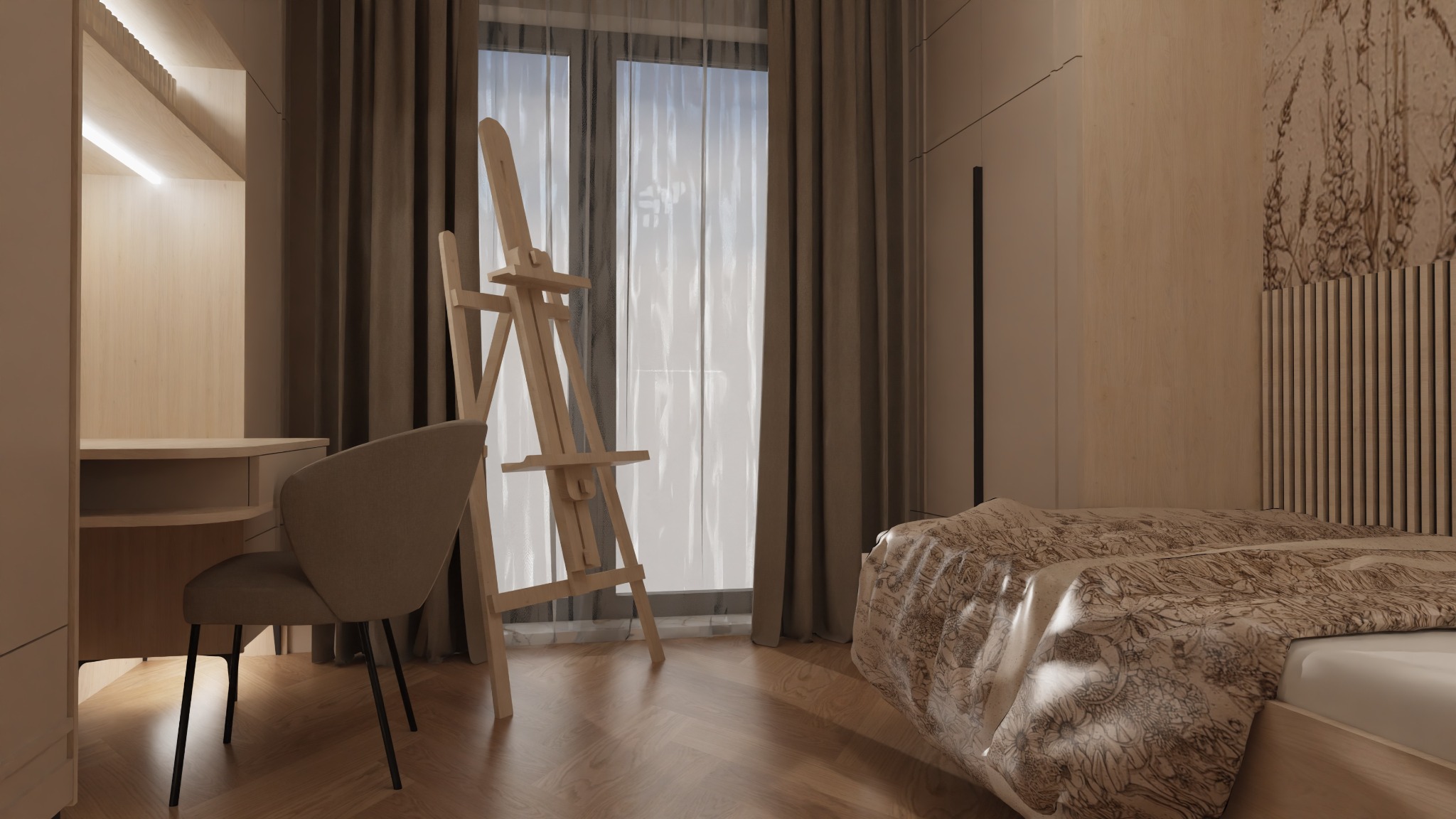 Jasne wnętrze sypialni z biurkiem, krzesłem i sztalugą przy oknie. Parkiet w jodełkę, beżowe zasłony i pościel w kwiatowy wzór. Minimalistyczny design.