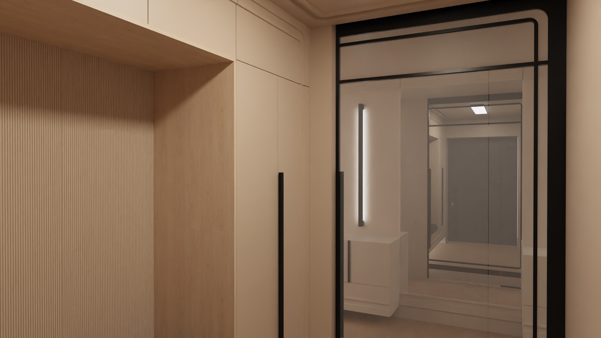 Beżowa zabudowa meblowa z ryflowanym panelem i czarnymi uchwytami, widok na wnętrze przez szklane drzwi z czarną ramą. Minimalistyczny design, ciepłe oświetlenie.