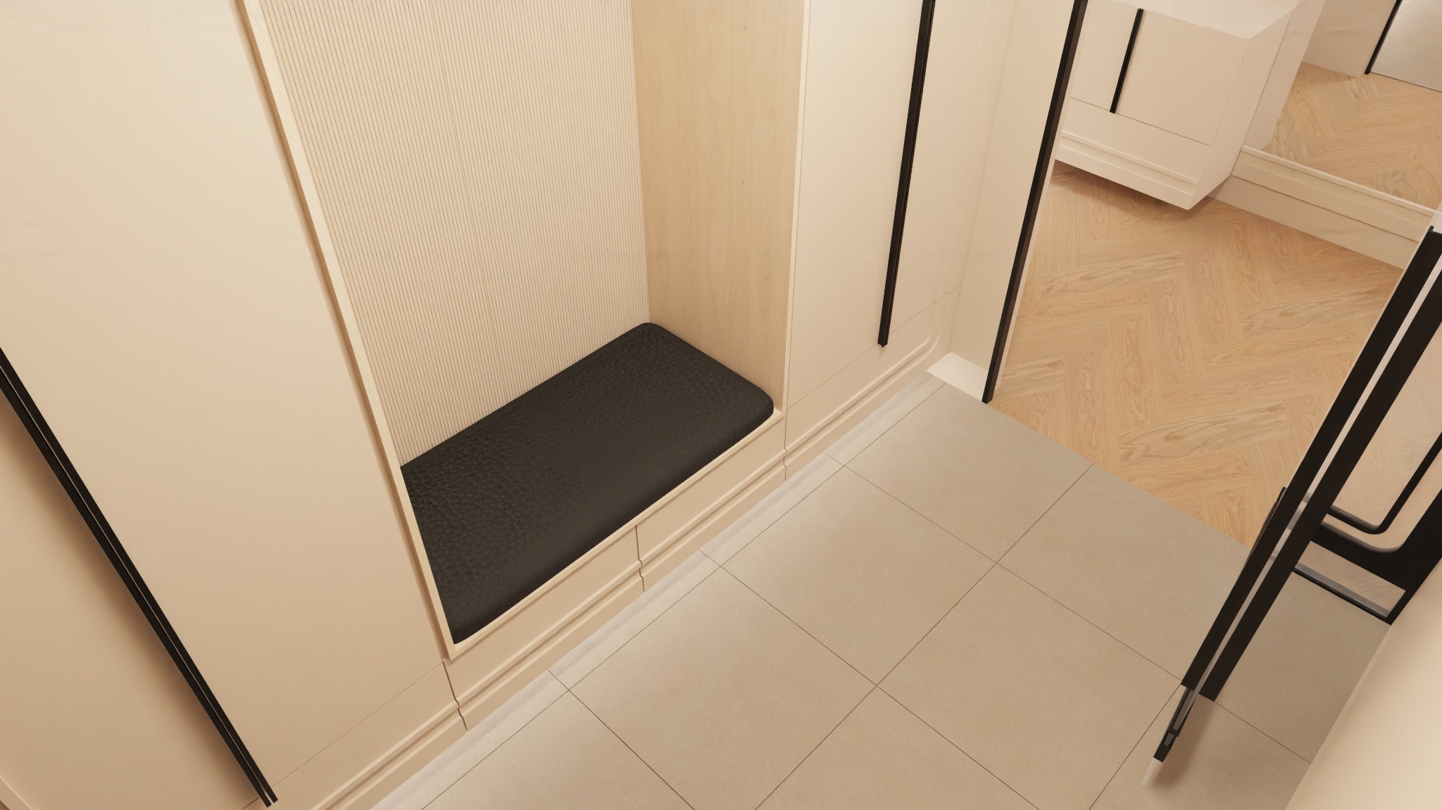 Beżowa zabudowa meblowa z siedziskiem z ciemnej skóry w przedpokoju. Widoczna podłoga z płytek i parkiet w jodełkę. Minimalistyczny design, jasne kolory.