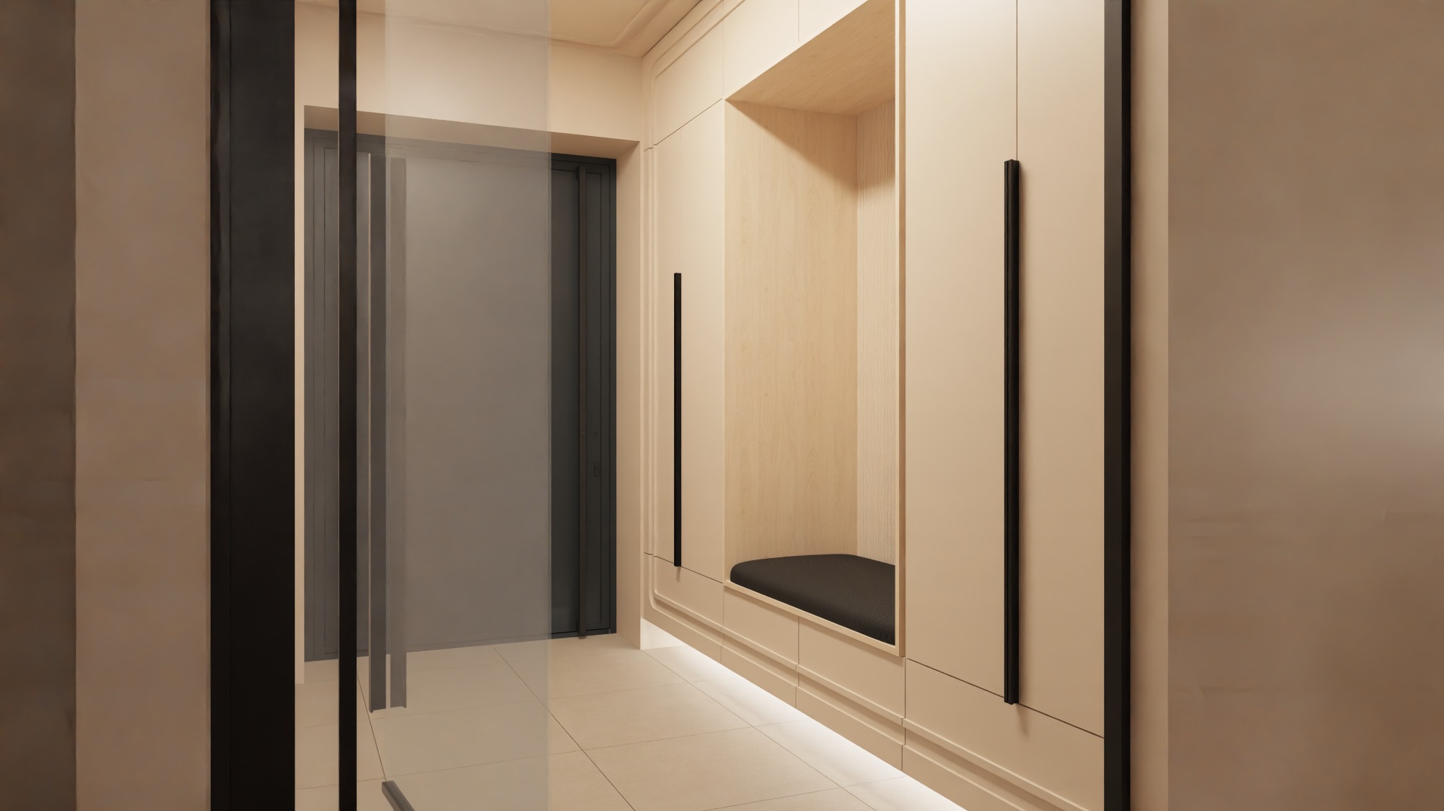 Beżowa zabudowa meblowa z wnęką do siedzenia i czarnymi uchwytami, widoczna z perspektywy korytarza z przeszklonymi drzwiami. Minimalistyczny design, podświetlenie LED.