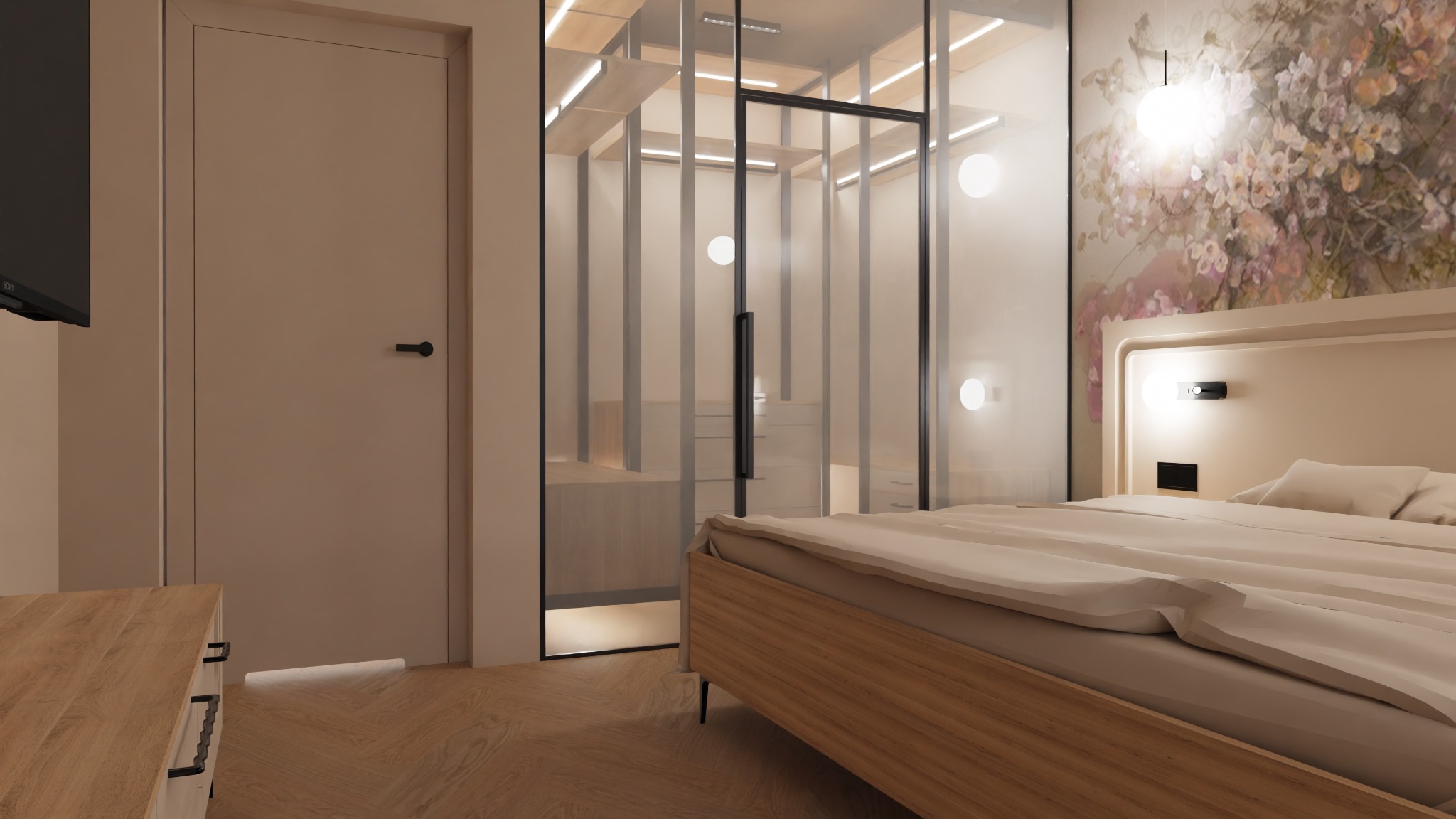 Beżowa sypialnia z przeszkloną garderobą, drewnianą podłogą i łóżkiem. Na ścianie kwiatowa tapeta i lampki nocne. Minimalistyczny design, ciepłe oświetlenie.