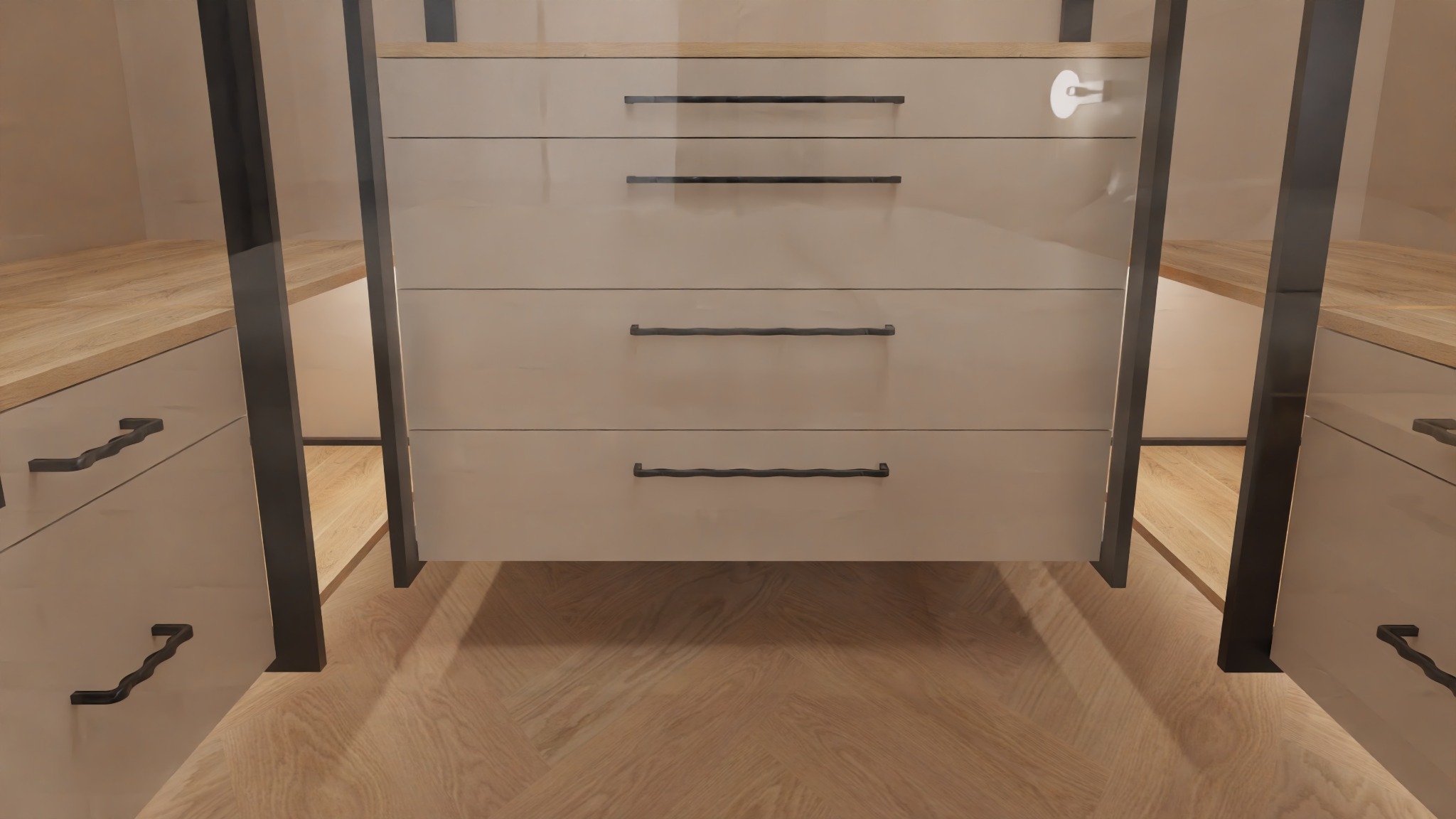 Beżowa garderoba z czterema szufladami i czarnymi uchwytami, drewniana podłoga w jodełkę, oświetlenie wewnątrz szafy, nowoczesny design.