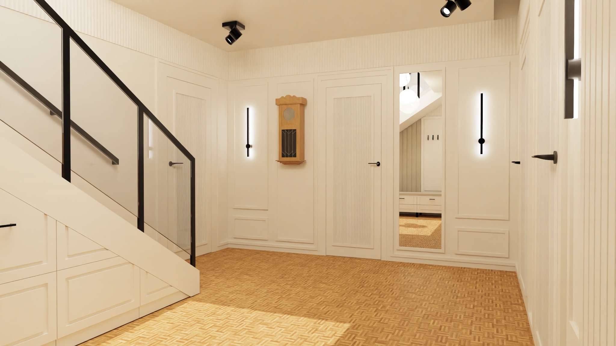 Jasne wnętrze z drewnianą podłogą w jodełkę. Schody z czarną balustradą i zabudową. Na ścianie zegar i pionowe lampy. Lustro w drzwiach odbija dalszą część domu.