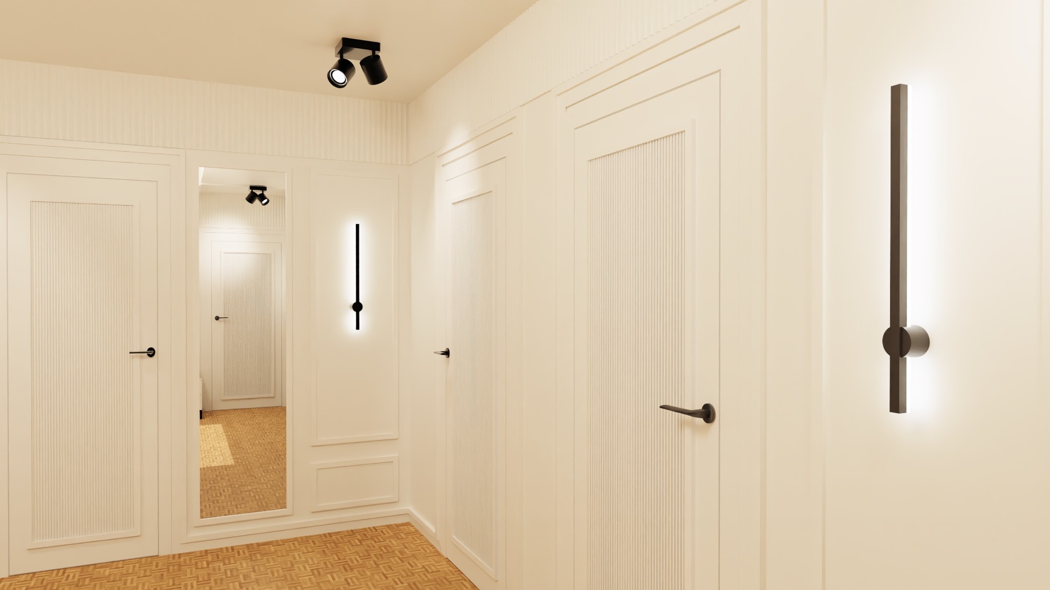 Korytarz w jasnych barwach z trzema białymi drzwiami z czarnymi klamkami, oświetleniem punktowym i podłogą z parkietu. W lustrze odbicie dalszej części korytarza.