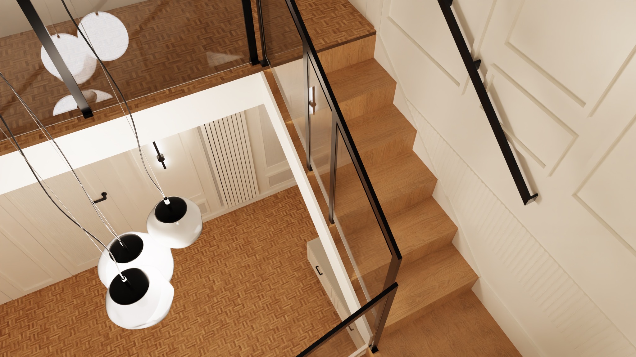 Nowoczesne schody z drewnianymi stopniami i szklaną balustradą, widok z góry, oświetlone wiszącymi lampami kulami. Parkiet w jodełkę na podłodze.