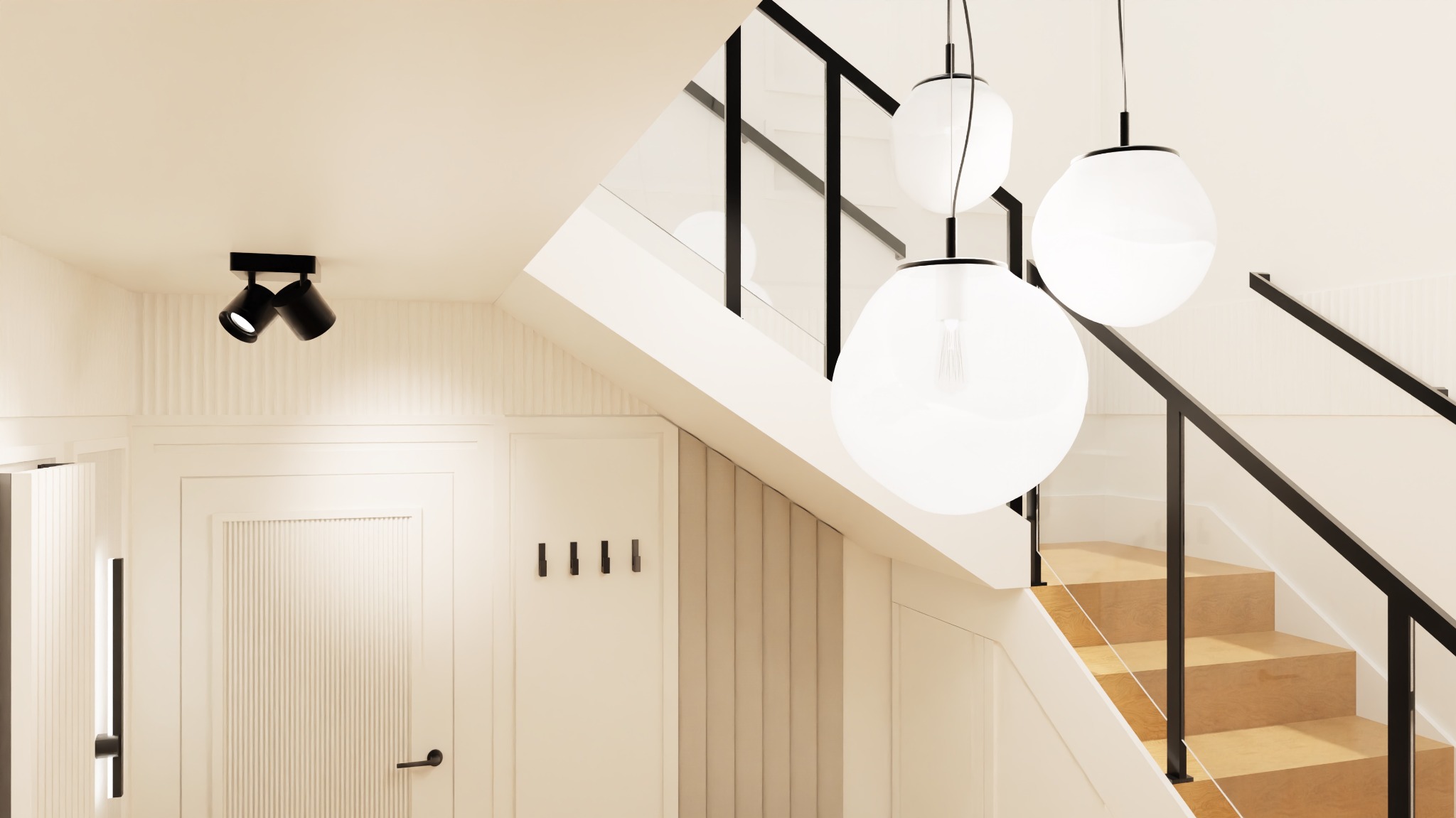 Nowoczesne schody z drewnianymi stopniami i czarną balustradą, oświetlone kulistymi lampami wiszącymi. Minimalistyczny design z akcentami w postaci czarnych detali.