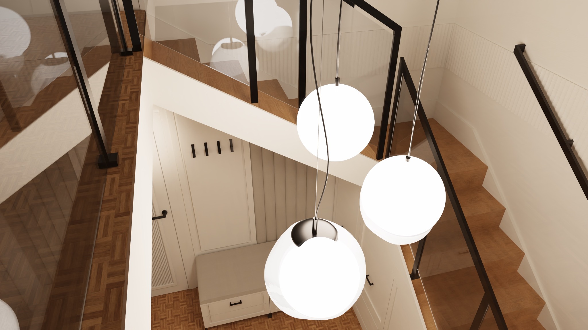 Nowoczesne schody z drewnianymi stopniami i szklaną balustradą, oświetlone trzema kulistymi lampami wiszącymi. Widok z góry, jasne wnętrze.