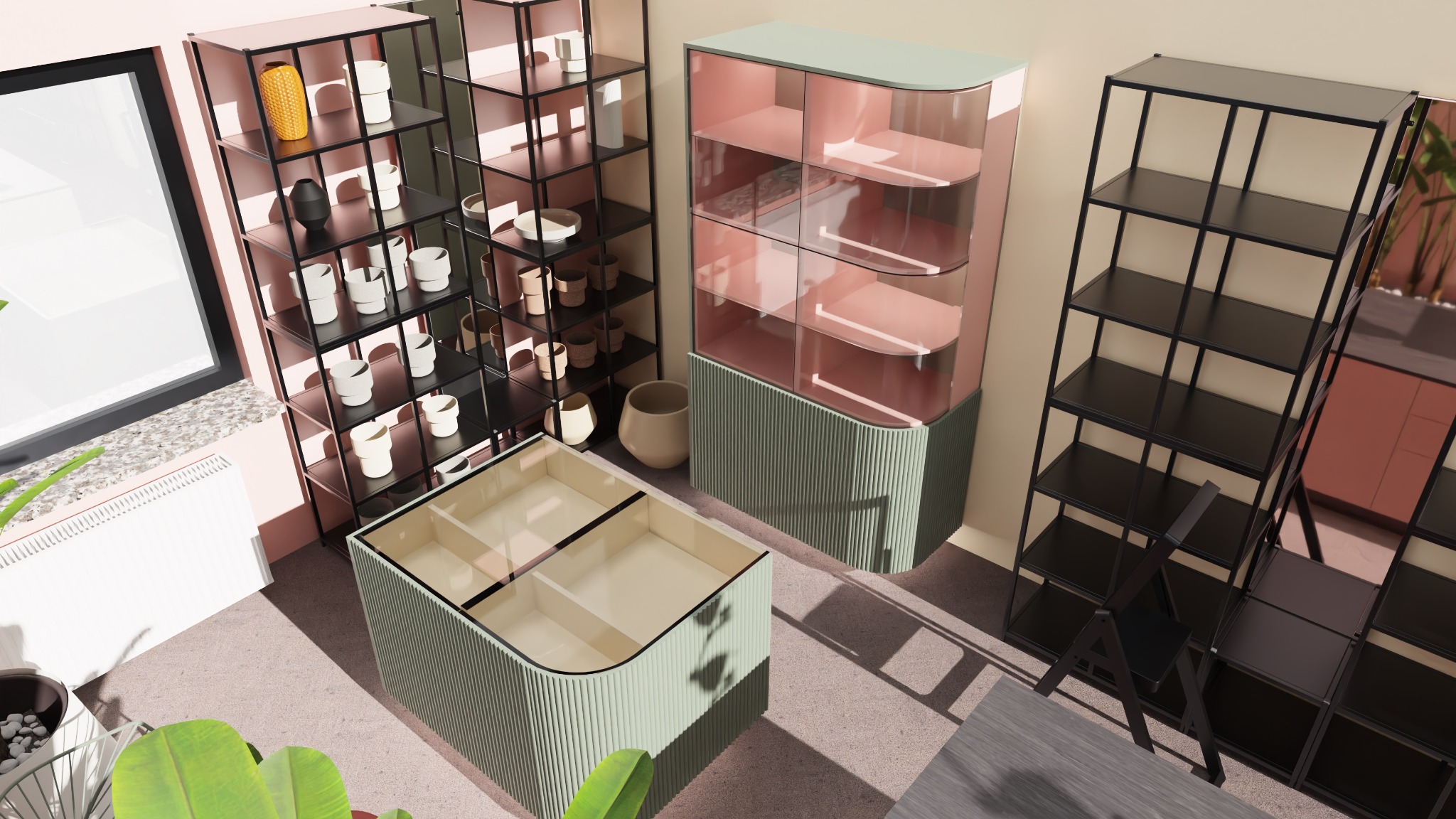 Wnętrze z regałami i witrynami w pastelowych kolorach. Widok z góry ukazuje nowoczesne meble i dekoracje, tworząc minimalistyczną przestrzeń.