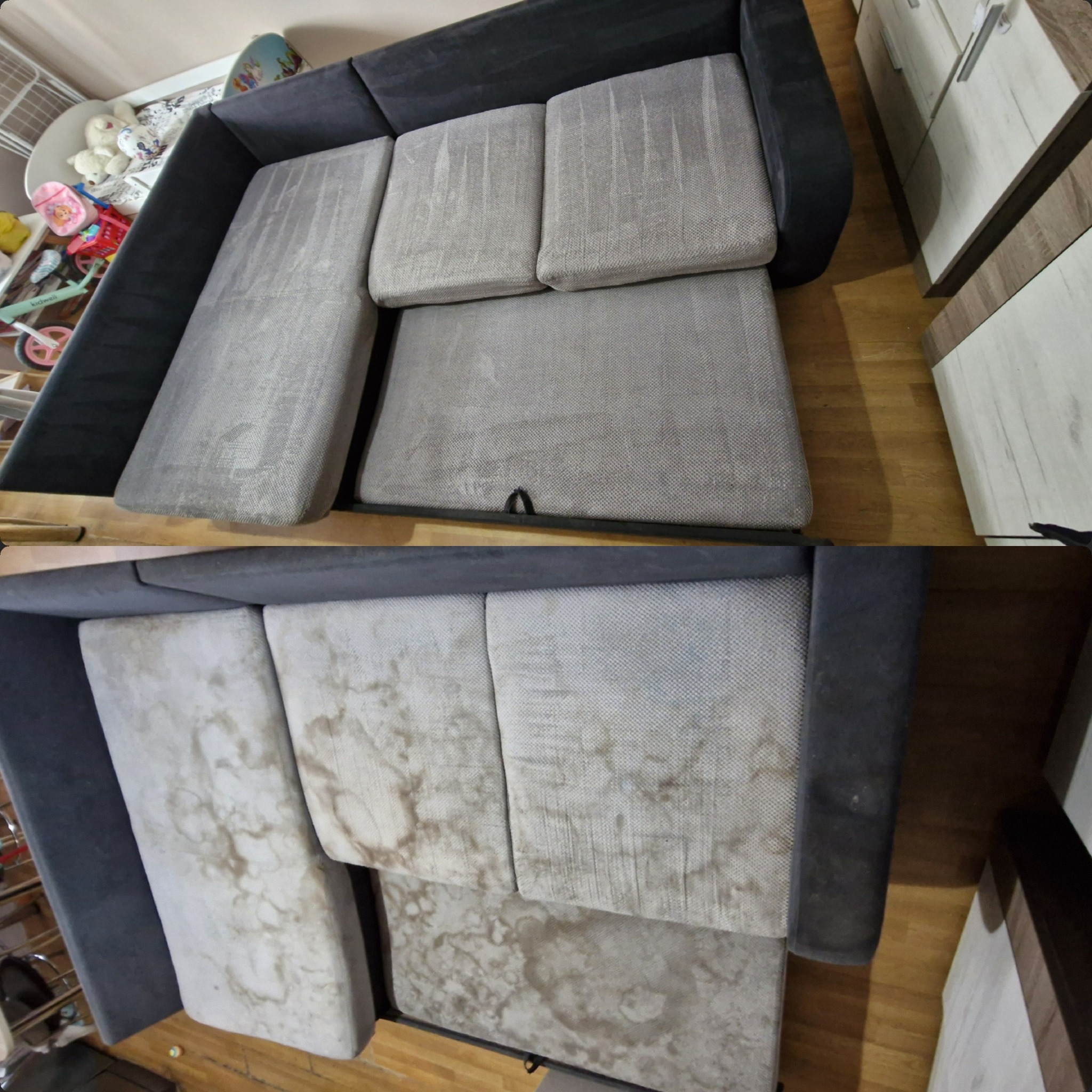 Porównanie stanu sofy narożnej przed i po czyszczeniu tapicerki, widoczne wyraźne różnice w czystości i odświeżeniu materiału.