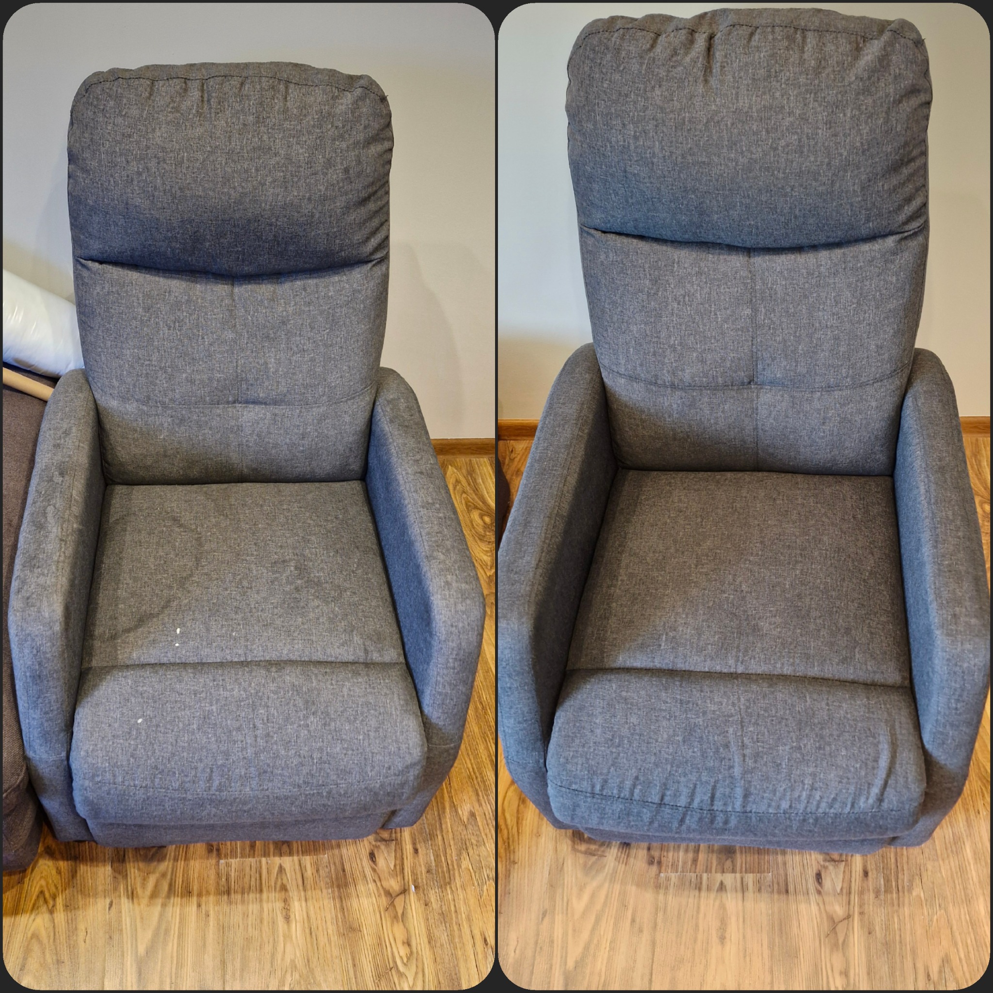 Porównanie fotela z szarej tkaniny przed i po czyszczeniu, widoczne plamy na siedzisku po lewej stronie i czysta powierzchnia po prawej.