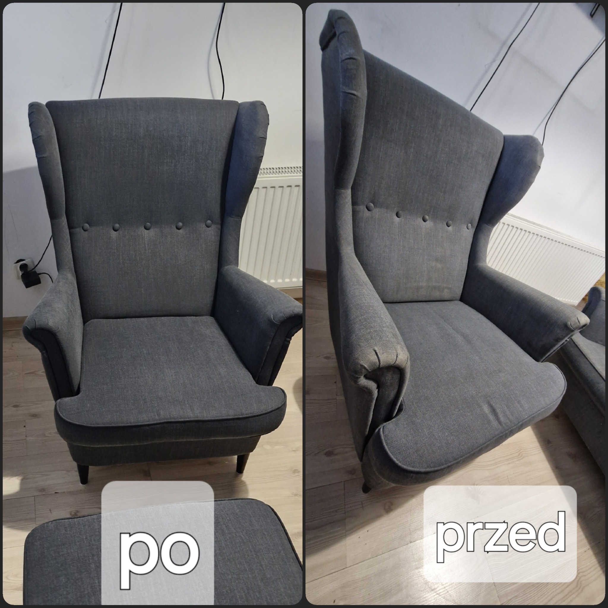 Porównanie fotela typu uszak przed i po czyszczeniu tapicerki, widoczne różnice w odcieniu i wyglądzie materiału.