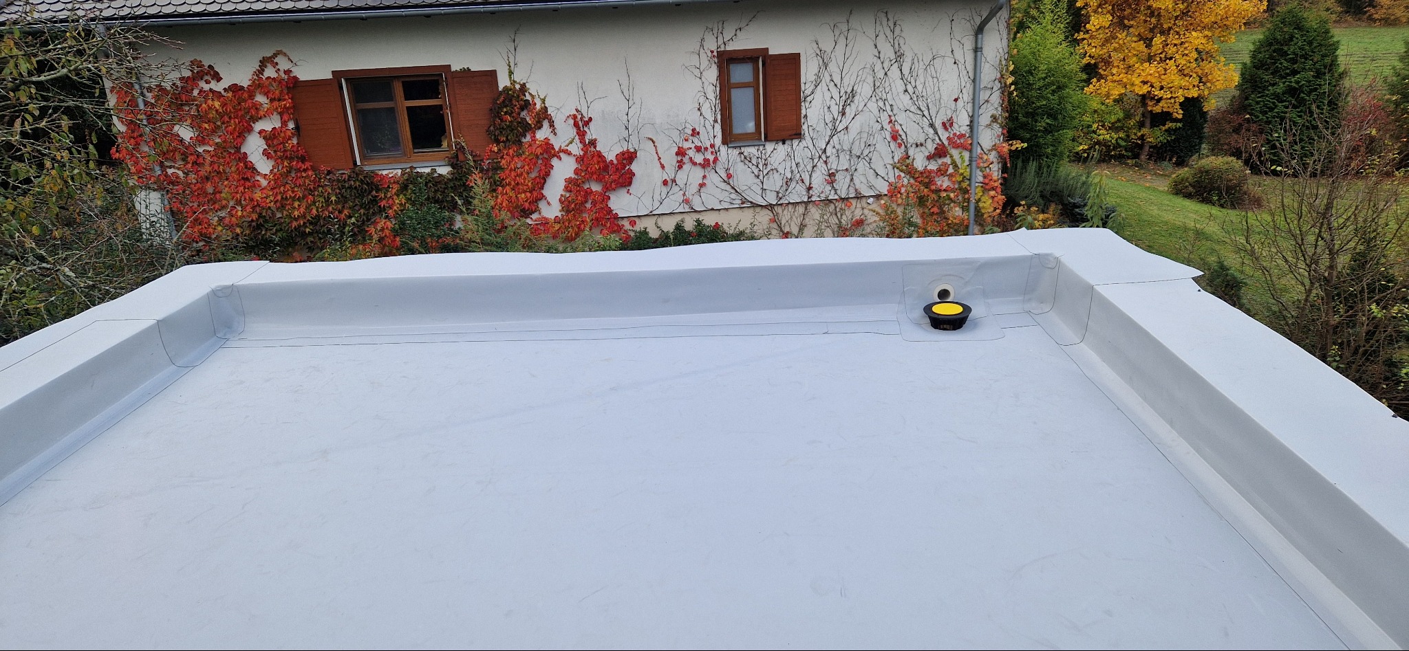 Szary, płaski dach z wykończeniem z papy bitumicznej i żółtym odpływem wody deszczowej na tle budynku z pnącą roślinnością.