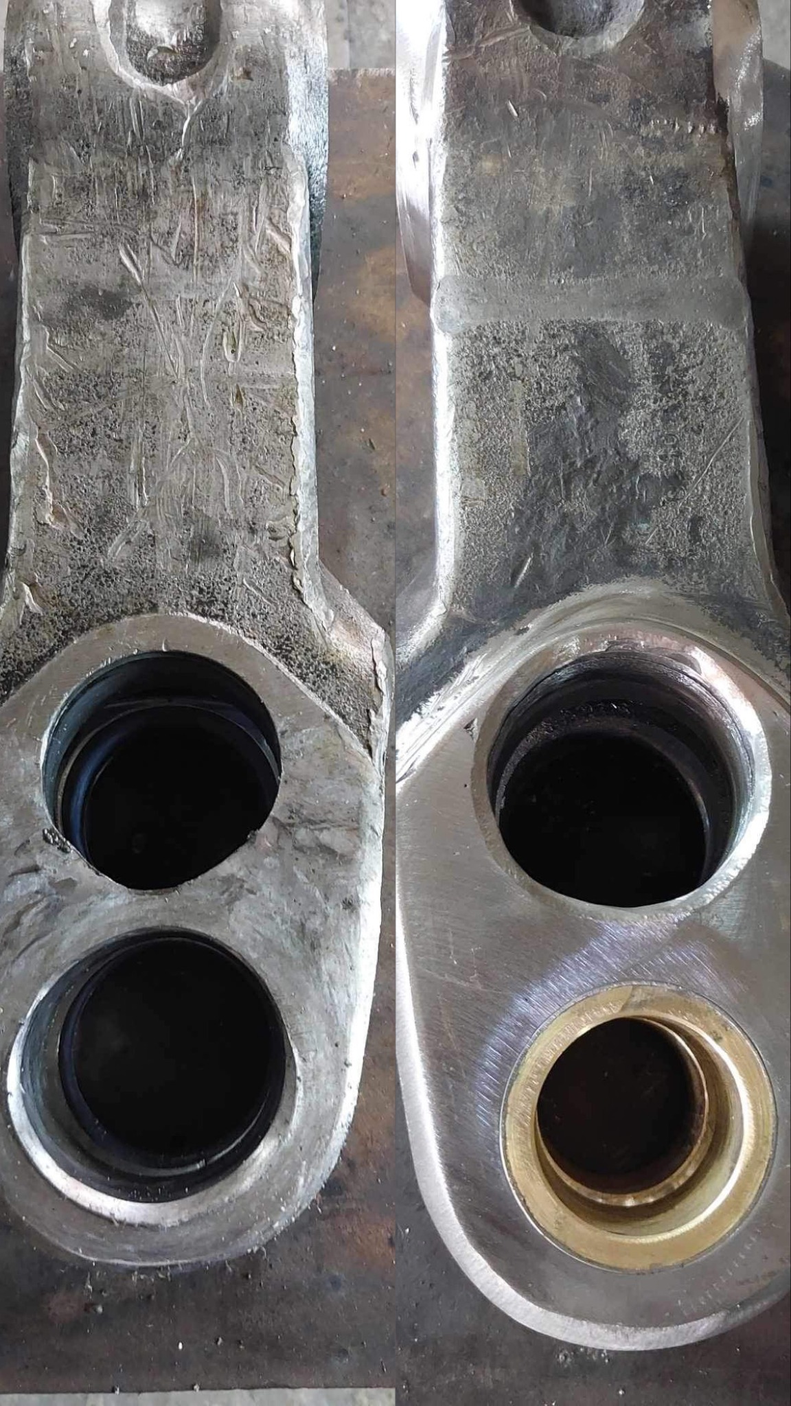 Porównanie elementu metalowego przed i po obróbce: po lewej stronie surowy, z widocznymi śladami obróbki, po prawej oszlifowany i z zamontowaną tuleją z brązu.