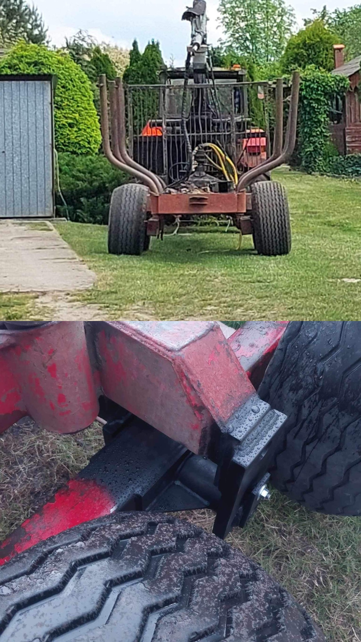 Fragmenty metalowej konstrukcji w czerwonym kolorze, prawdopodobnie części maszyny rolniczej, z widocznymi śladami spawania i zużycia, na tle trawy i zabudowań gospodarczych.