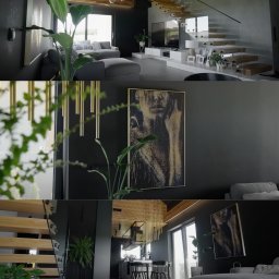 Mira Media - Nowoczesne wnętrze domu z drewnianymi schodami, szklanymi balustradami, szarą sofą, obrazem na ścianie i roślinami doniczkowymi, oświetlone wiszącymi lampami.