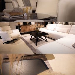 Mira Media - Jasne, nowoczesne wnętrze z narożną sofą, fotelem relaksacyjnym i stolikiem kawowym z dekoracjami.