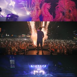 Mira Media - Relacja z koncertu: wokalistka w różowym kostiumie i pióropuszu, tłum fanów z telefonami oraz scena z efektami pirotechnicznymi.