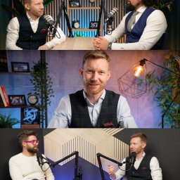 Mira Media - Kolaż z ujęciami z nagrania podcastu: dwóch mężczyzn rozmawiających przy mikrofonach, zbliżenie na uśmiechniętego mężczyznę w kamizelce, oraz rozmowa dwóch mężczyzn z kubkami Starbucks.